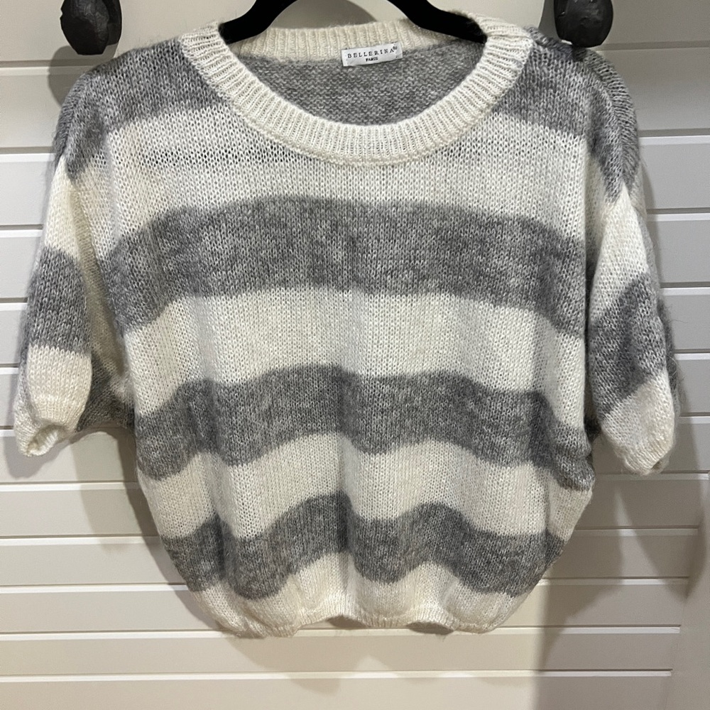Gray and White Striped Crew Neck Sweater